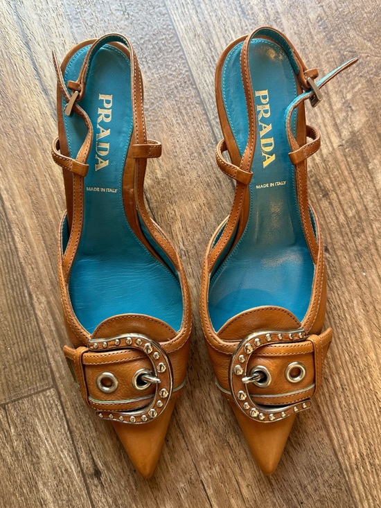 Prada Shoes - Prada Brown Leather Slingback Pumps Silver Buckle Pointed Toe Heels EU 35 US 5